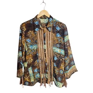 Bellisimo Y2K Brown Blue Bohemian Floral Lace Fringe Button Down Shirt Size L